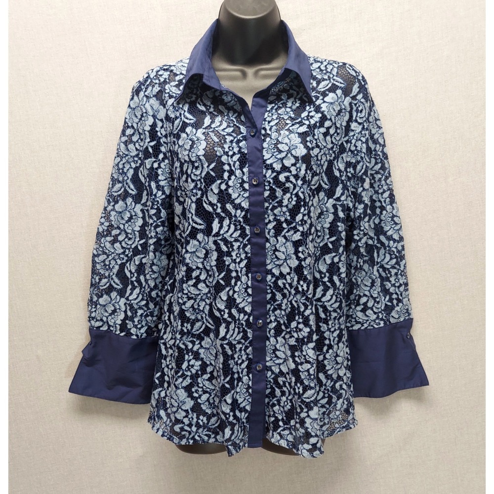 Mishca Lace Blouse L Navy‎ Sheer Floral Button Shirt Boho Lightweight Romantic